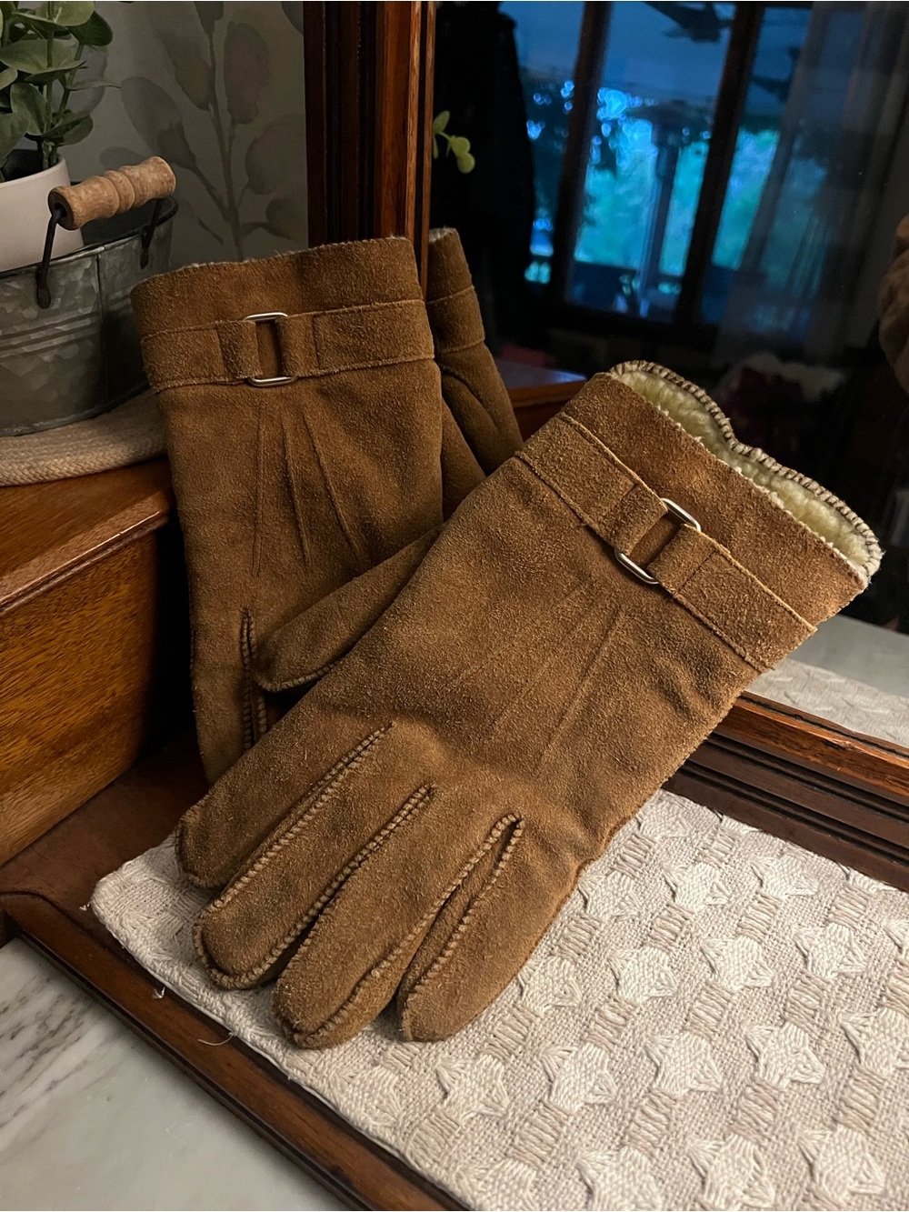 NO BRAND Classic Genuine Leather Outer Faux Fur Lined Suede Gloves Brown Men's L